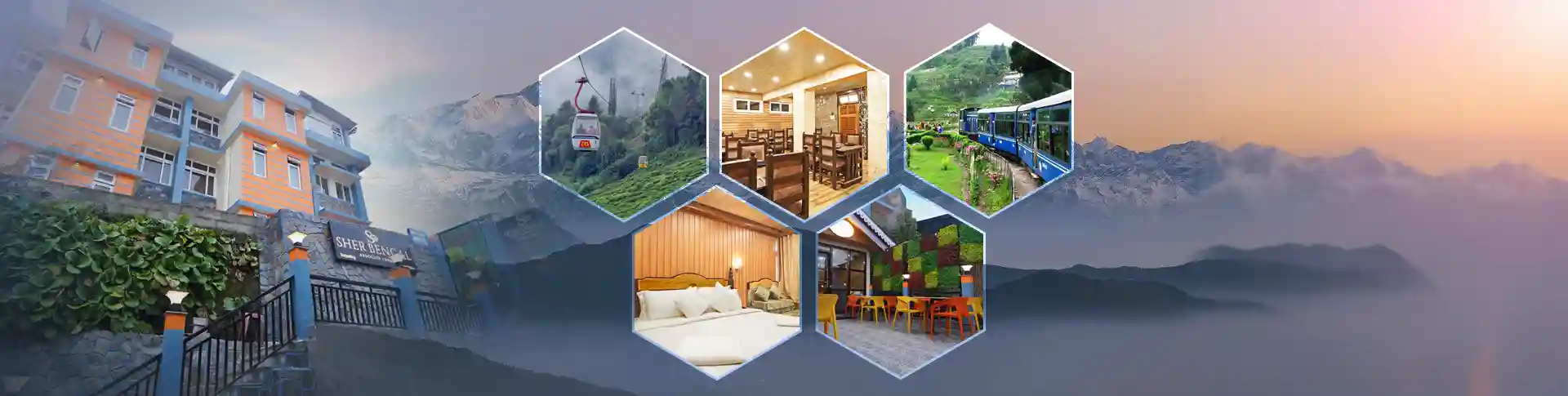 Sher Bengal Darjeeling showcasing luxury rooms, dining area and scenic hill surroundings 