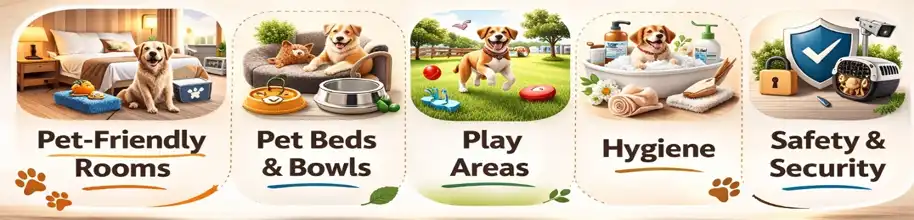 Visual guide showing features of a truly pet-friendly hotel such as pet beds, feeding bowls, open play areas and easy outdoor access