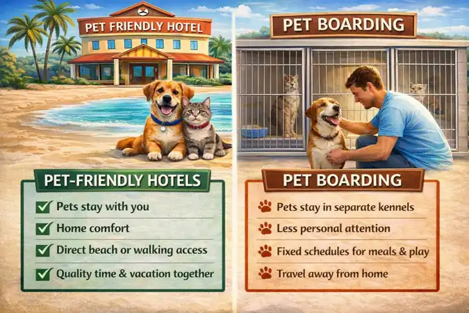 Comparison showing the difference between pet-friendly hotels and pet boarding for pet parents planning travel with pets