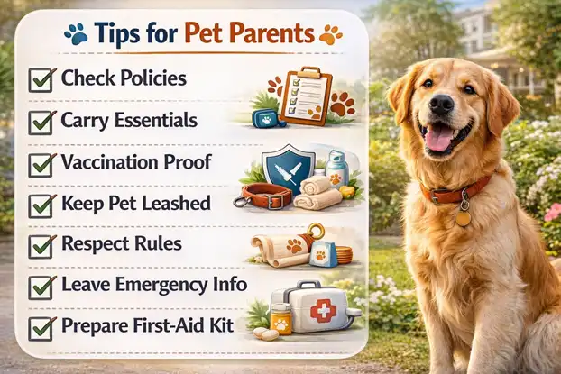 Pet parents safety tips to check before booking a pet-friendly hotel including hygiene, pet policies, and nearby veterinary access